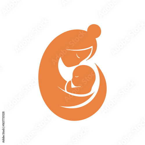 (Warm Motherhood Embrace Icon. This minimalist graphic depicts a nurturing guardian holding a sleeping infant. It symbolizes pure affection, security, and the profound family connection.)