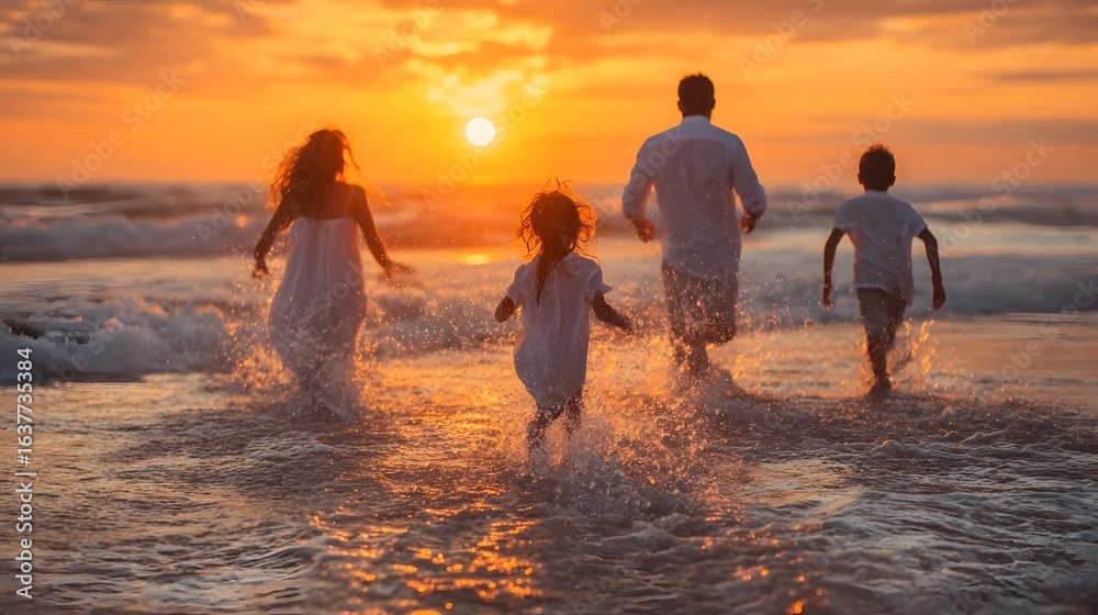 Fototapeta premium Family walking in shallow water at sunset.