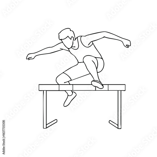 (Male Hurdler Leaping Barrier. Vector artwork of an athlete in motion vaulting an obstacle. This powerful illustration symbolizes overcoming challenges and achieving success through determination.)