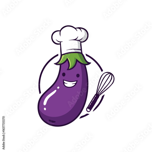 (Happy Chef Eggplant Mascot. A jovial aubergine illustration wearing a toque and holding a whisk. Represents healthy cuisine, fun cooking, and fresh produce.)