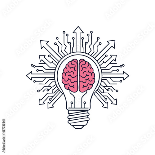 (Digital Brain Innovation. Explore advanced intelligence and novel concepts. This abstract illustration depicts human intellect merging with technology, sparking multi-directional progress.)