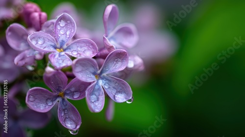 Close-up of Lilac Flowers with Water Droplets on Petals, Against a Blurred Green Background, Perfect for Spring