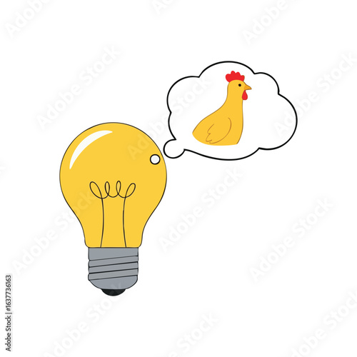 (Philosophical Chicken Insight. An illuminated bulb gazes at a fowl within a thought cloud. This whimsical illustration embodies a deep, cyclical question of initial cause or existence.)