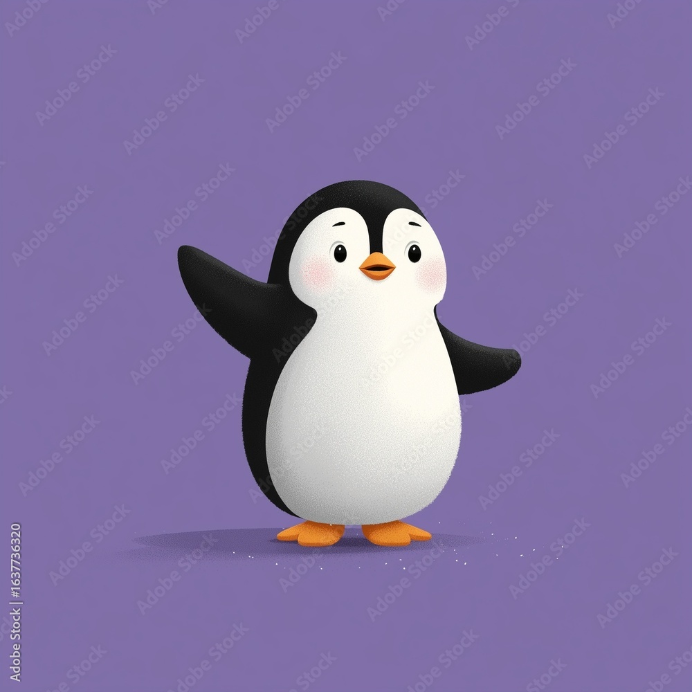 Fototapeta premium Cute cartoon penguin waving in simple flat vector style on purple background, minimalistic 2D design with clean shapes and solid colors, perfect for children’s app logo, or playful graphic use.