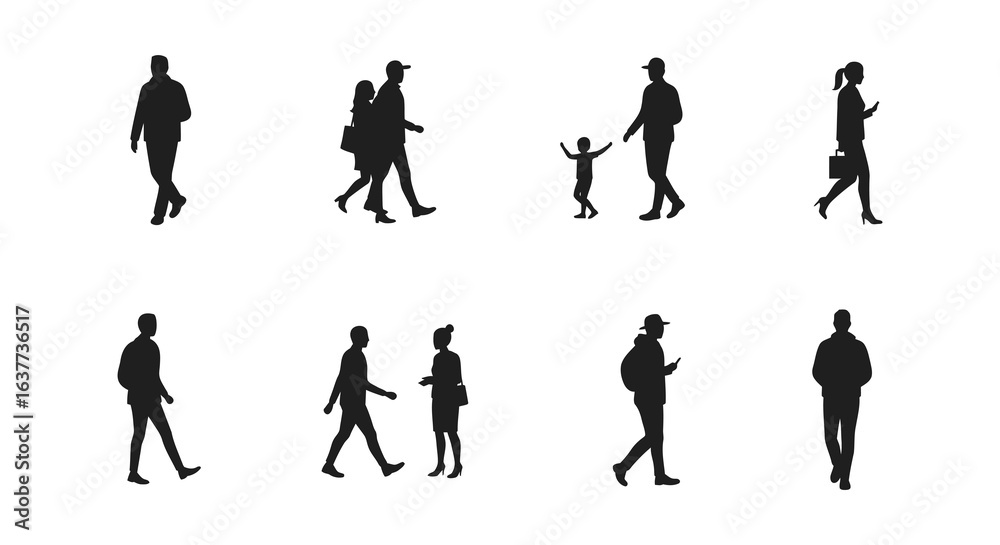 Naklejka premium Silhouette Crowd of People Walking in Different Poses Isolated on White