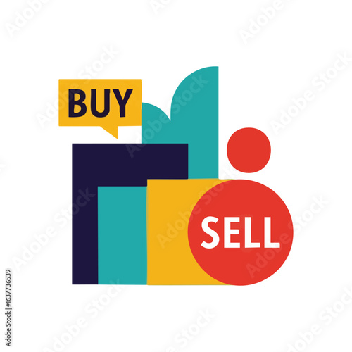 (Buy Sell Transaction Market Concept. Vibrant abstract graphic depicting purchase and sale processes. Ideal for business, finance, or economic themes, showing trading dynamics.)