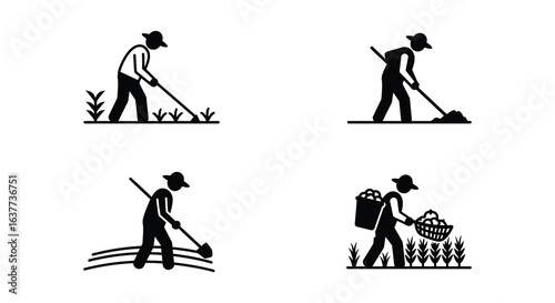 Farmers Working in Fields Silhouette Illustrations of Agricultural Labor and Harvesting