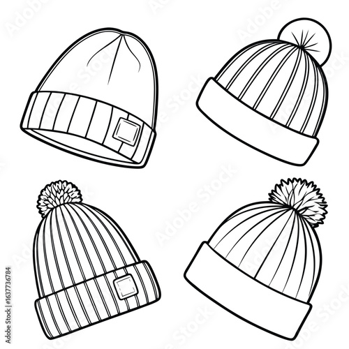 Winter Beanie Collection: A detailed line drawing of stylish winter beanies, capturing the essence of cozy headwear, perfect for adding a touch of winter elegance.