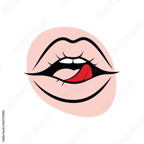 (Playful Tongue Licking Lips Express. Artistic depiction of an open maw with a moist scarlet tip. It suggests strong desire, enjoyment, and a delicious culinary experience.)
