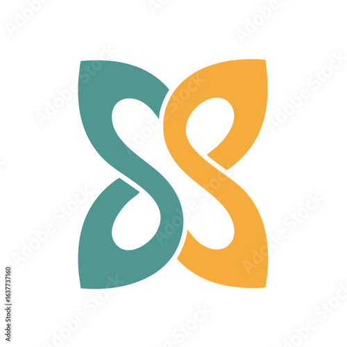 (Teal Orange Intertwined Symbol. Vibrant graphic design featuring two gracefully entwined forms in shades of teal and marigold. Symbolizes harmony, continuity, and collaborative growth.)
