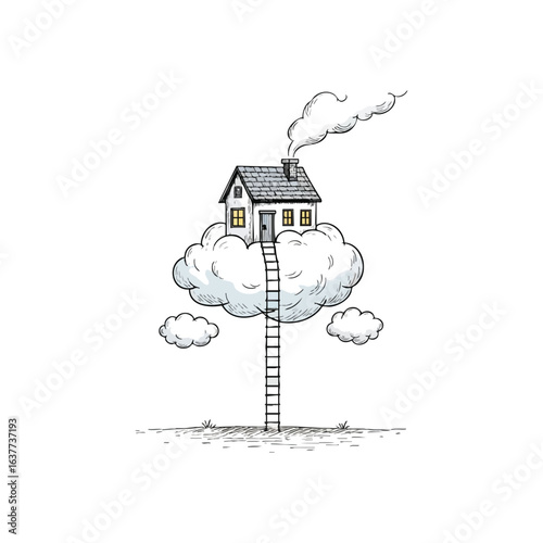 (Dream House on Cloud with Ladder. Captivating fantasy home atop a fluffy cloud, accessible by a long ascent. Symbolizes ambition, freedom, and peaceful escape.)