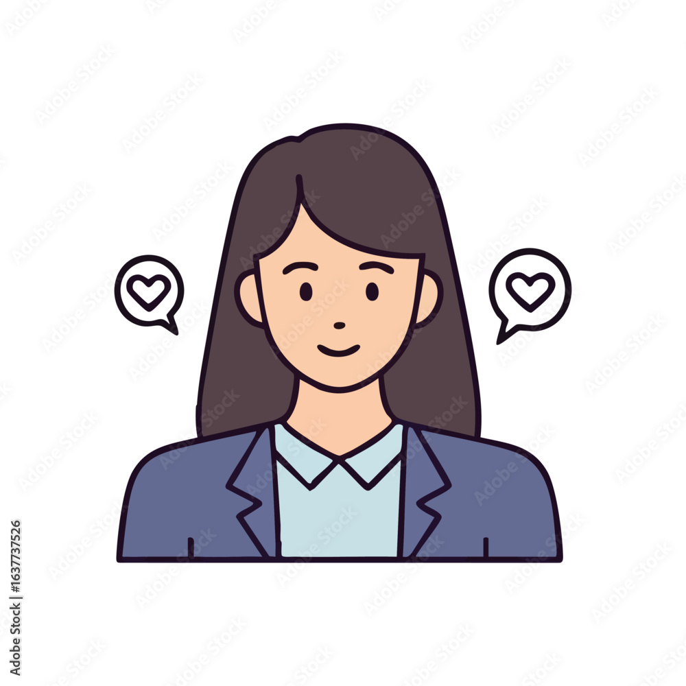 (Professional Woman with Heart Icons. An amiable illustration of a cheerful female. This artwork represents positive feedback, online engagement, and emotional connections.) (Professional Woman with Heart Icons. An amiable illustration of a cheerful female. This artwork represents positive feedback, online engagement, and emotional connections.)