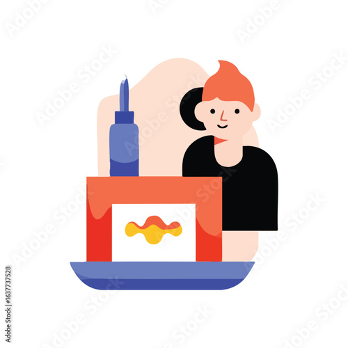 Creative DIY Crafting Moment. A flat design graphic shows a joyful person engaged in an artistic DIY endeavor. This image represents hobbies, craft projects, and the rewarding nature of making things.