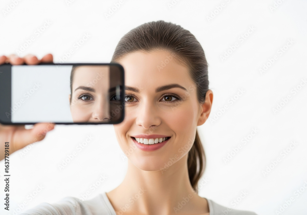 A smiling woman holds a smartphone, taking a selfie, reflecting her face. A smiling woman holds a smartphone, taking a selfie, reflecting her face.