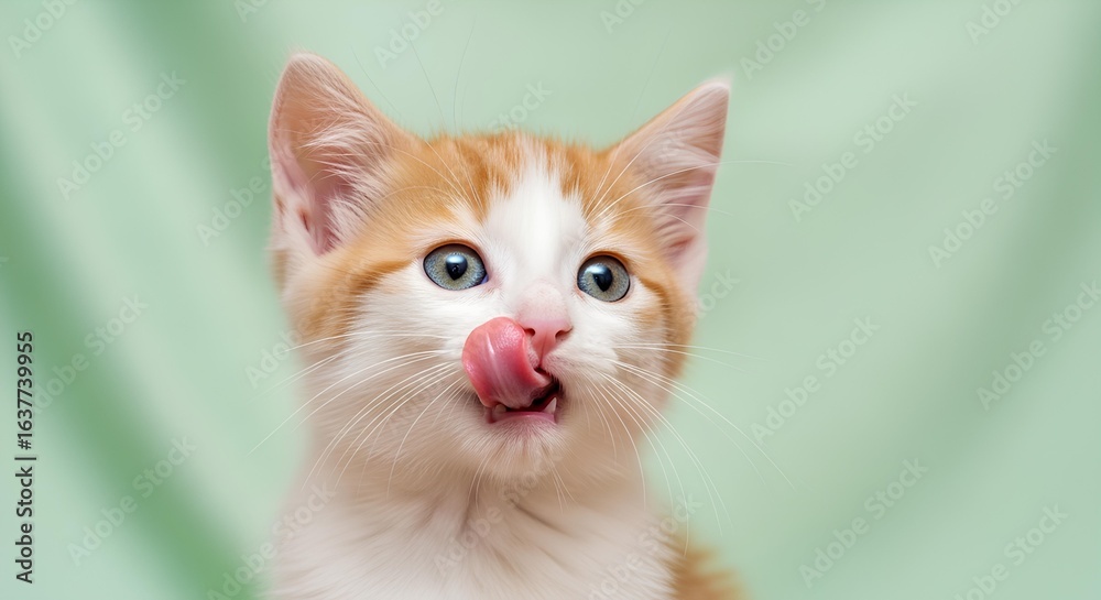 Fototapeta premium Adorable Orange and White Kitten Licking its Nose A Playful Pet Portrait