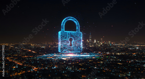 Futuristic digital padlock over a cityscape, security concept for online data privacy and
