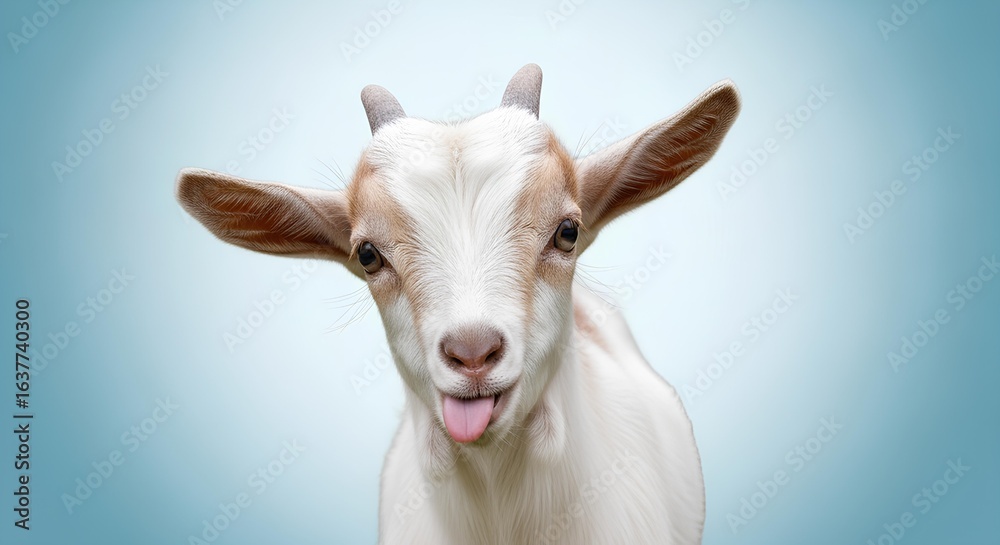 Fototapeta premium Funny young goat sticking out its tongue in a silly expression. A cute kid with wide ears on a blue background.