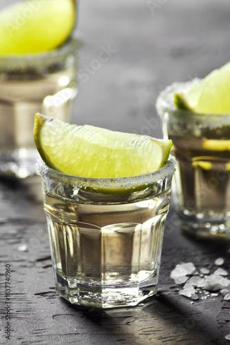 Refreshing tequila shots served in clear glasses with lime wedges on the rim, garnished with coarse salt, creating a vibrant and festive atmosphere for celebrations