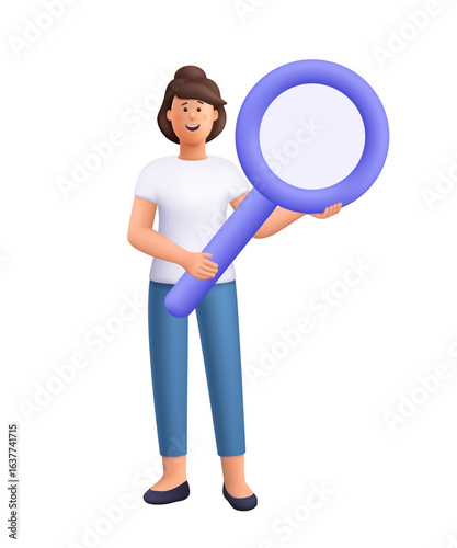 Young smiling woman Jane holding a large magnifying glass. Search, investigation, research and discovery concept. 3d vector people character. Cartoon minimal style.
