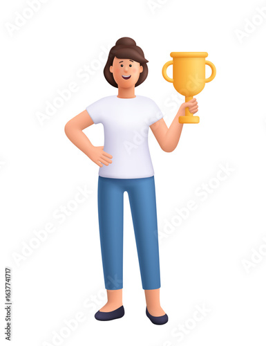 Young smiling woman Jane holding a golden trophy. Winning, competition, achievement, success and victory concept. 3d vector people character. Cartoon minimal style.
