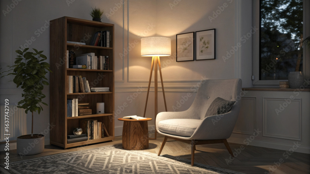 Fototapeta premium Stylish evening interior with glowing warm lights, armchair facing a built-in bookshelf, and soft reflections creating a calm and inviting space.