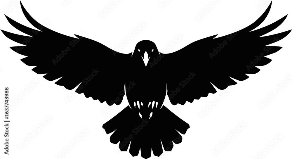 Obraz premium Majestic Crow: Front View Wings Extended Silhouette Vector