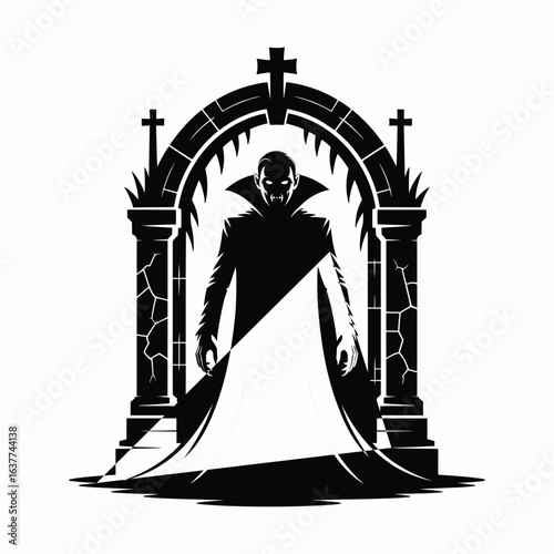 A single vector silhouette of a Vampire at a Crypt, designed in a Halloween horror theme