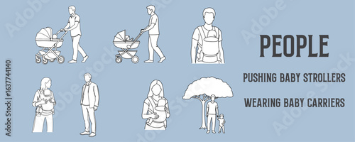 Architectural Drawings adults pushing baby strollers, wearing baby carriers vector illustration, side view, human person Minimal style hand drawn.