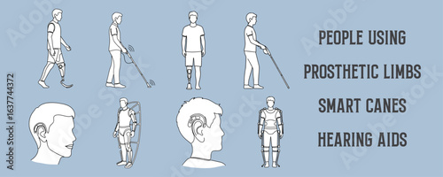 Architectural Drawings people using prosthetic limbs, smart canes, hearing aids, or exoskeletons vector illustration, side view, human person Minimal style hand drawn.