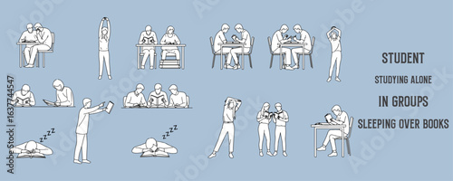 Architectural Drawings students studying alone, in groups, or sleeping over books vector illustration, side view, human person Minimal style hand drawn.