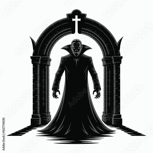A single vector silhouette of a Vampire at a Crypt, designed in a Halloween horror theme