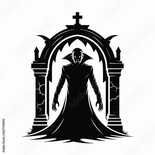 A single vector silhouette of a Vampire at a Crypt, designed in a Halloween horror theme