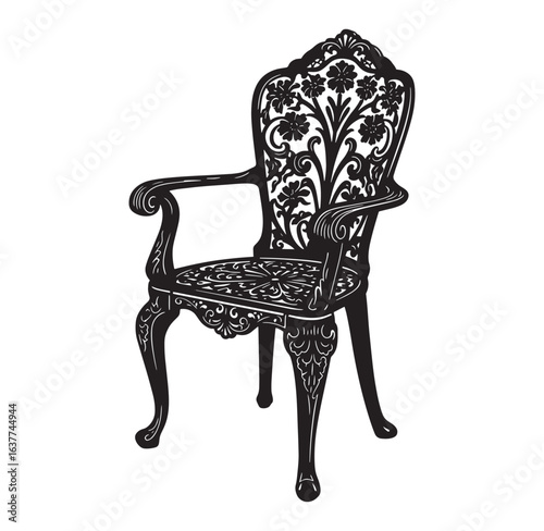 Intricately detailed silhouette illustration of a classic armchair with floral decorative patterns