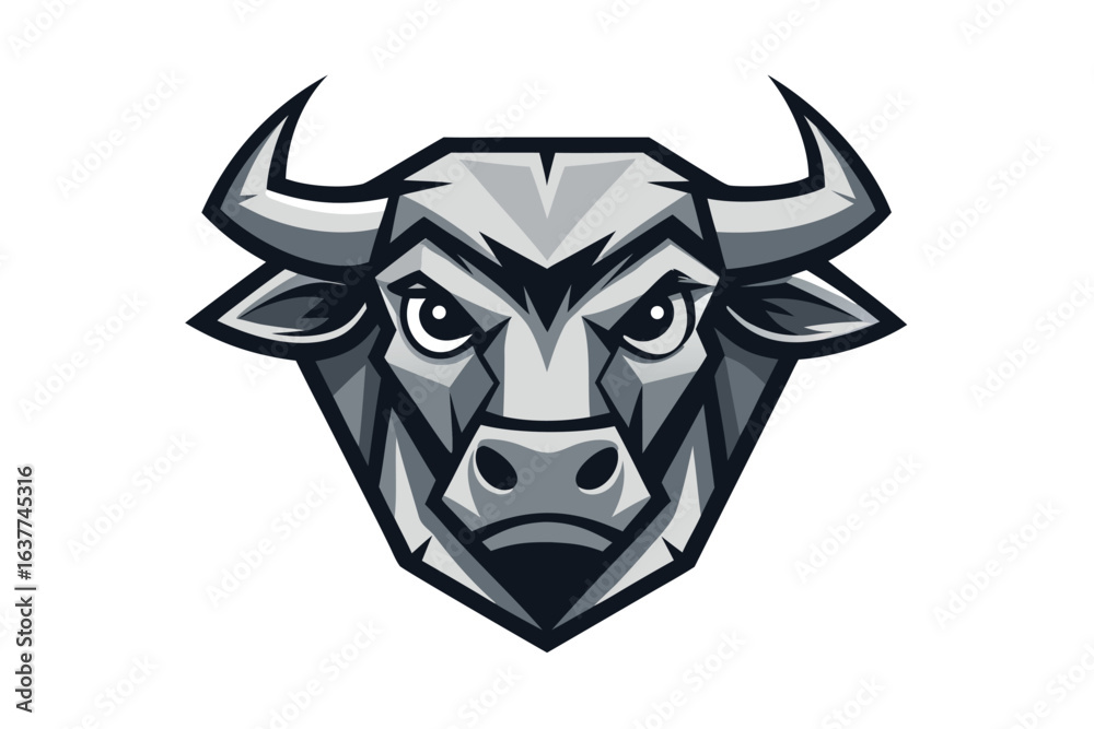 Fototapeta premium Geometric bull with strong horns and a fierce expression faces forward isolated in white