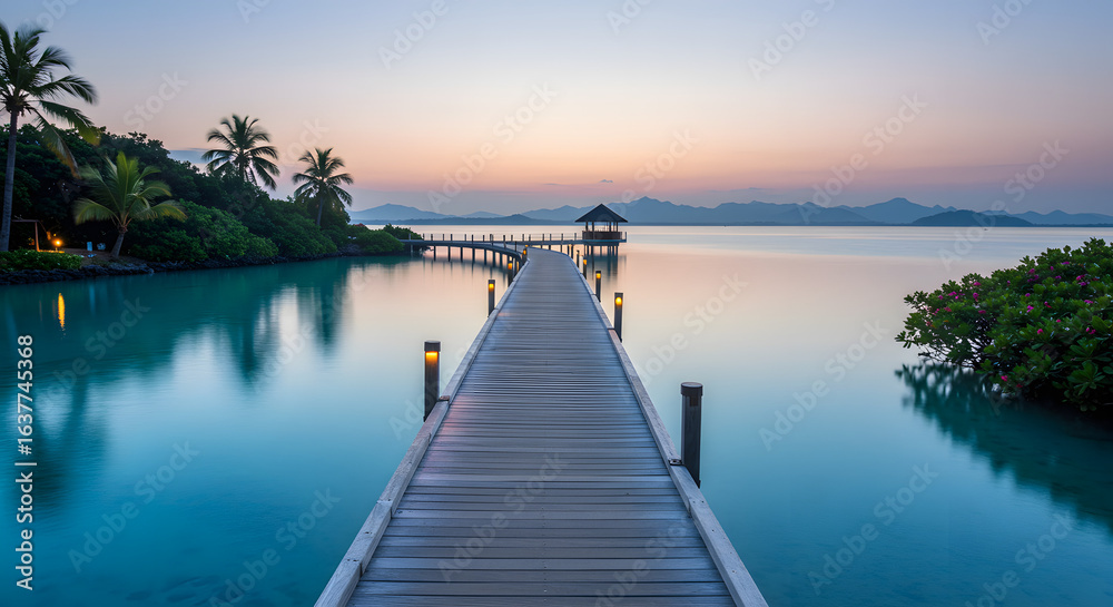 Fototapeta premium Idyllic Tropical Getaway: Serene Dawn Over a Tranquil Wooden Pier Leading to Paradise