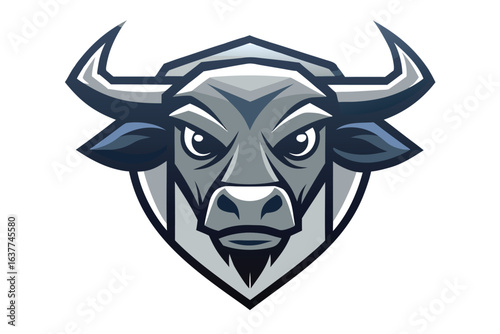 Determined silver bull head stares powerfully forward, featuring angular design and sharp horns