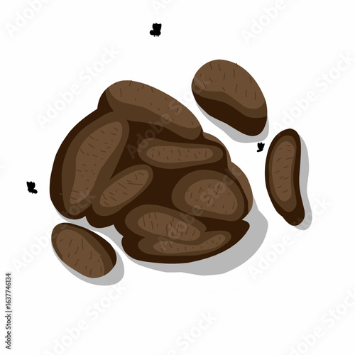 Vector illustration of a pile of horse manure with flies on a white background. Suitable for herbivorous animal health signs.