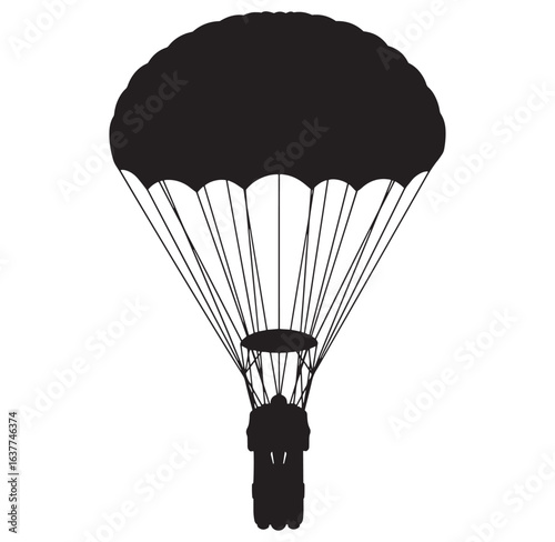 Silhouette of a parachutist in mid-air with detailed parachute and suspension lines