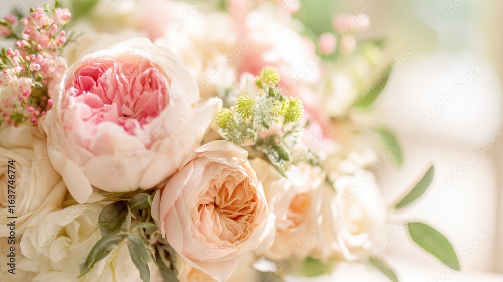 Fototapeta premium Delicate Floral Bouquet Featuring Peonies and Roses in Soft Pastel Hues, Perfect for Wedding or Event Decor