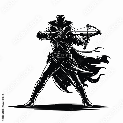 A single vector silhouette of a Vampire Hunter in a dark, action-ready Halloween theme