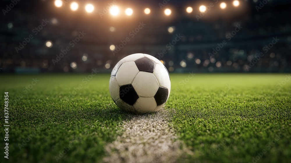 Obraz premium Soccer Ball on Field with Stadium Background: Competitive Sports and Game Day Excitement