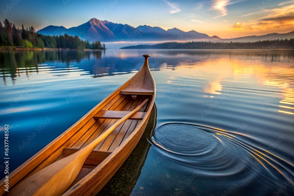 Obraz premium Canoe on Still Lake at Sunset with Mountains in Background