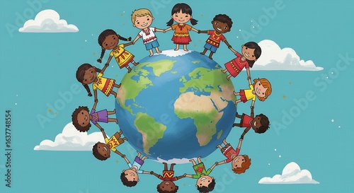 Diverse children hold hands around the globe, celebrating unity and global connection