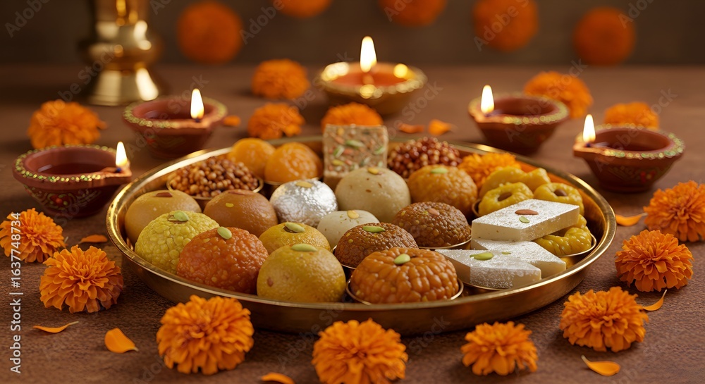 Fototapeta premium Vibrant Indian sweets and diyas create a festive, warm celebration ambiance