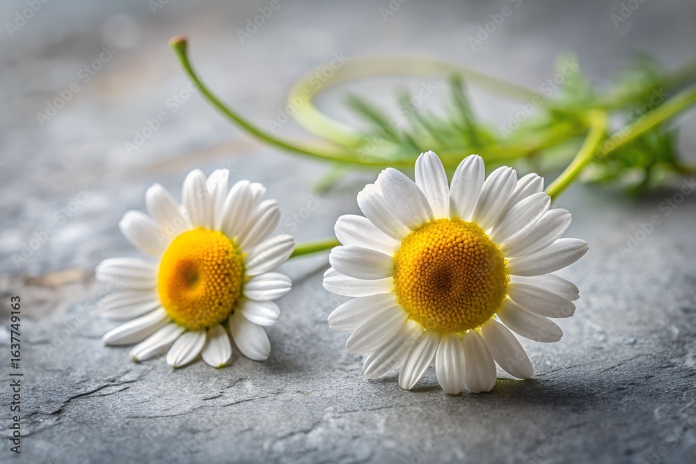 Fototapeta premium Two White Daisy Flowers on a Textured Gray Background Close Up