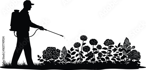 Silhouette of gardener spraying flowers with pesticide, agriculture worker maintaining garden plants, pest control, farming care, landscape maintenance, floral treatment illustration