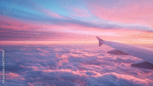 Aerial View of Airplane Wing and Beautiful Sky with Pink and Blue Clouds at Sunset