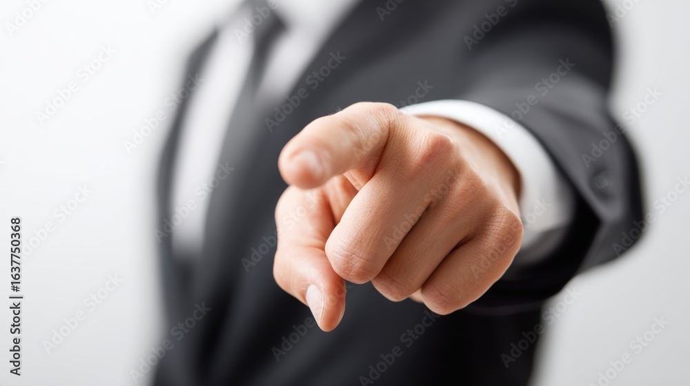 Fototapeta premium Business Professional Pointing Finger Directly at Viewer in Formal Attire Against a White Background