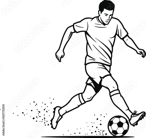Silhouette of soccer player kicking ball in action, football athlete running and dribbling, sports competition vector illustration, isolated on white backgroun