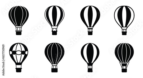 Collection of Black and White Hot Air Balloon Icons on White Background
